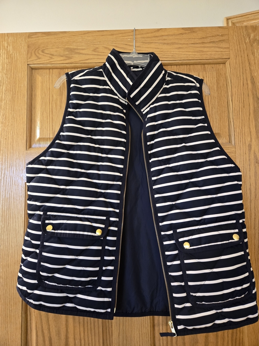 J. Crew Navy and White Striped Quilted Vest with Gold Accents